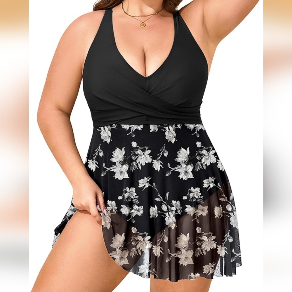 Black Floral One-Piece Swimdress with V-Neck